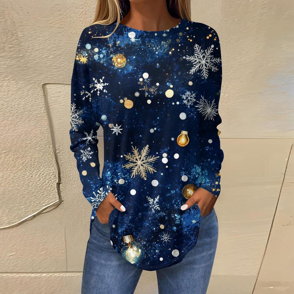 Ladies' Loose Round Neck Retro Pattern Printed Long Sleeved T-shirt Top Pullover For Christmas