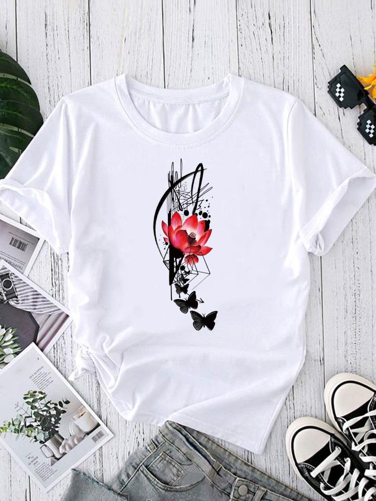 (Азиатский размер) Женский топ T-shirt тренд с перьями милый Принт Короткий рукав Футболки Мода Женский Повседневный Круглый вырез Графическая футболка