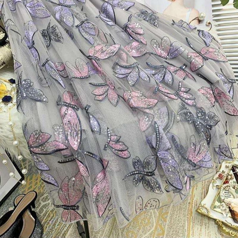 Heavy Industry Sequin Embroidery Women's Skirt Draped Mesh Skirt Medium Length Fashion Solid Color Versatile Pleated A-line Super Fairy Skirts