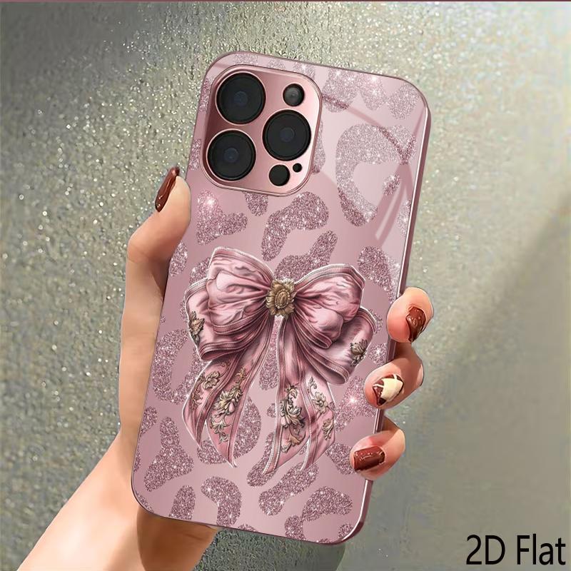 Розовый Бант Леопард 2D Плоский Для iPhone17 18 16 15 14 13 12 11 Pro Max XS XR 8 7Plus Чехол для Телефона Ударопрочный Защитный Задний Чехол