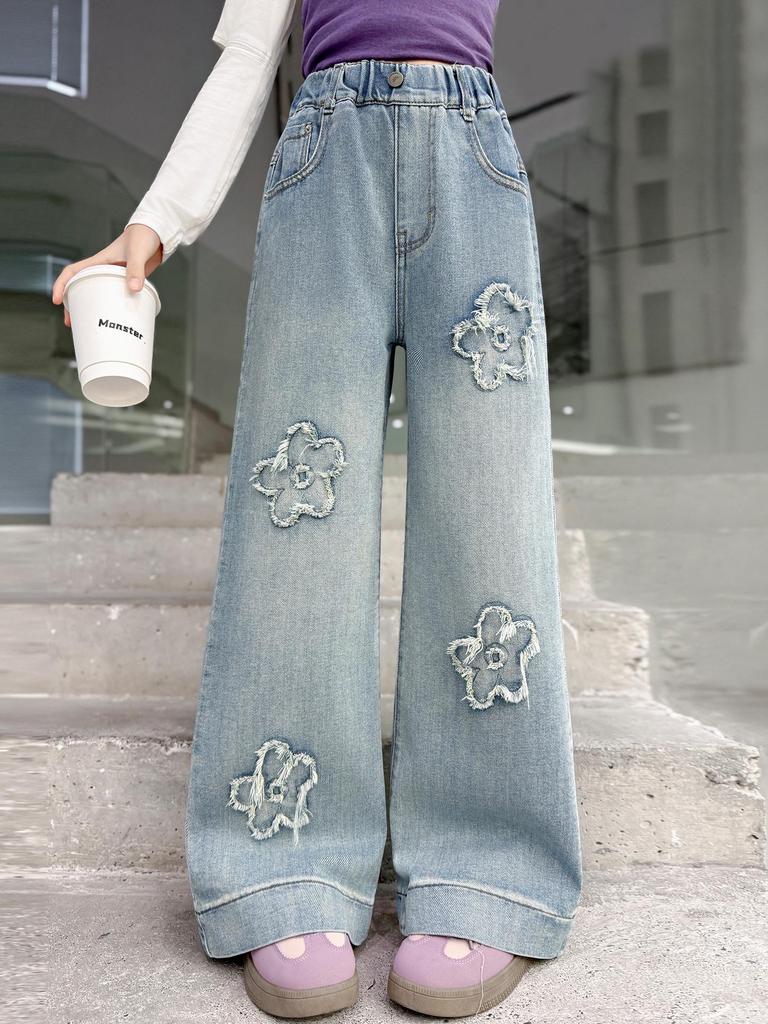Джинсовые брюки с вышивкой для девочек, широкие - Весна и Осень 2026, Стиль для средней школы