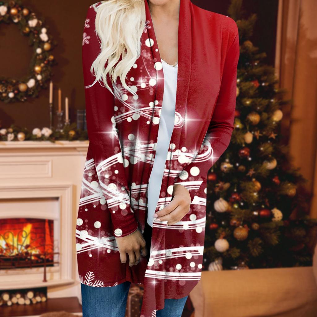 Женский кардиган с рождественским принтом и длинными рукавами спереди, легкая куртка с принтом