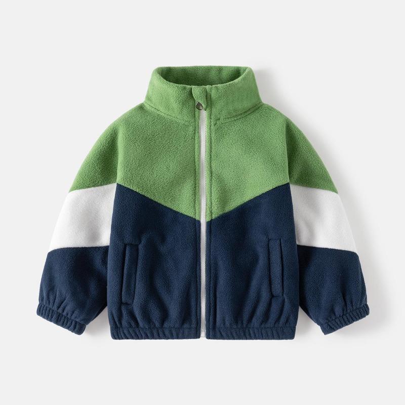 Stand Collar Autumn and Winter Fashion Warm Kids Coat Soft Loose Polyester Material Boys' Color-block Fleece Jacket