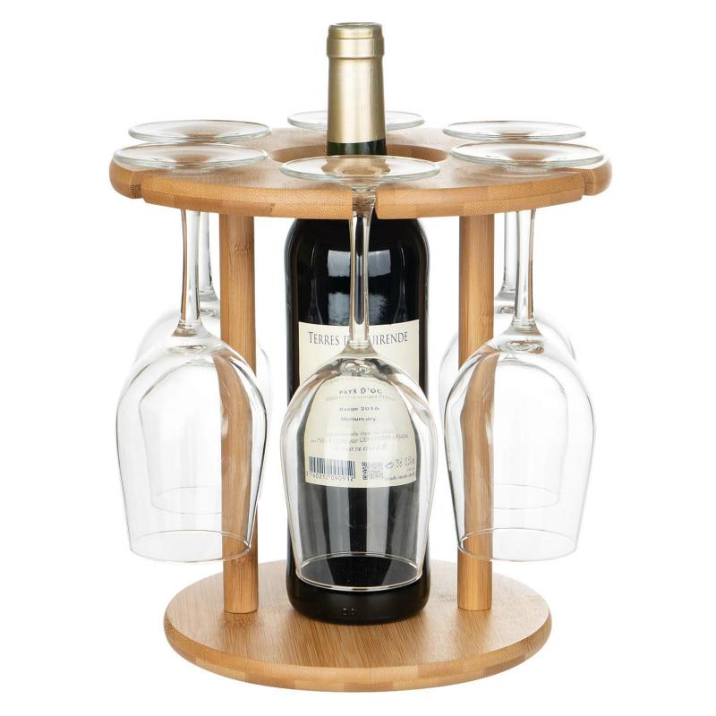 Съемная винная полка Деревянный держатель для бокала для вина Бамбуковая настольная винная полка для 6 стаканов и 1 бутылки вина