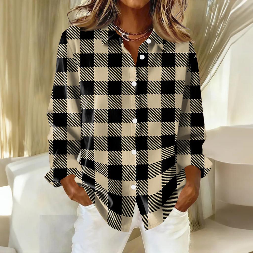 Женская рубашка-блузка с рождественским принтом и пуговицами, длинный рукав, повседневный базовый рубашечный воротник, обычный топ