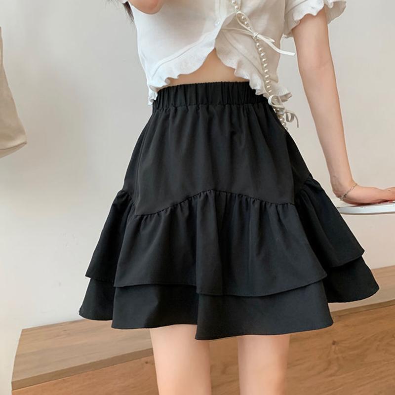 Skirts for Women Ruffled A-line Skirt Female Summer Thin Tutu Skirts Solid Color Preppy Style Elastic High Waist Casual Skirt