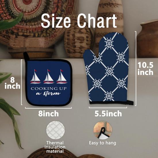 Navy Blue Nautical Boat Oven Mitts and Pot Holders Sets, Lake Beach House Gifts Oven Mitts, Cooking Up a Storm Navy Blue Over Mittens for Kitchen