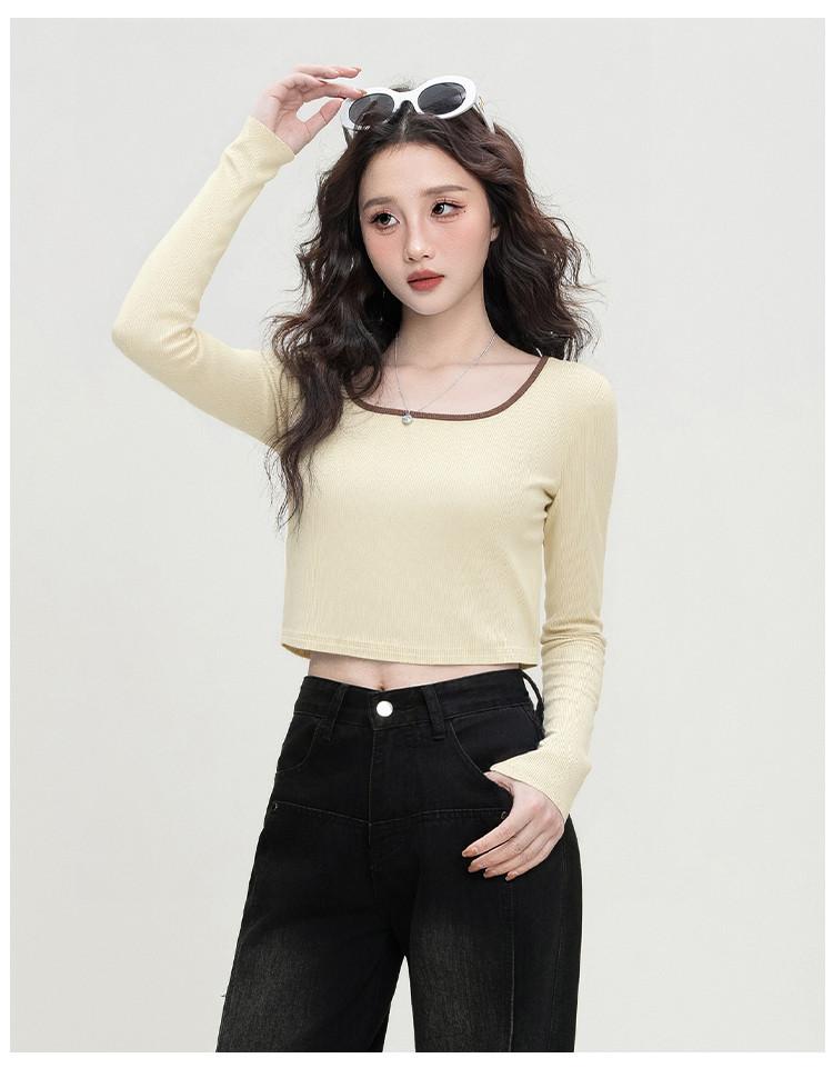 2025 Autumn Color Blocking Comfortable Versatile Spicy Girl T-shirt with Exposed Belly Button Slim Fit Long-Sleeved Top