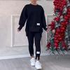 2 Pcs/Set Women Top Pants Suit Round Neck Long Sleeve Slit Hem Sweatshirt Elastic Waist Solid Color Slim Fit Trousers Winter Daily Wear Outfit