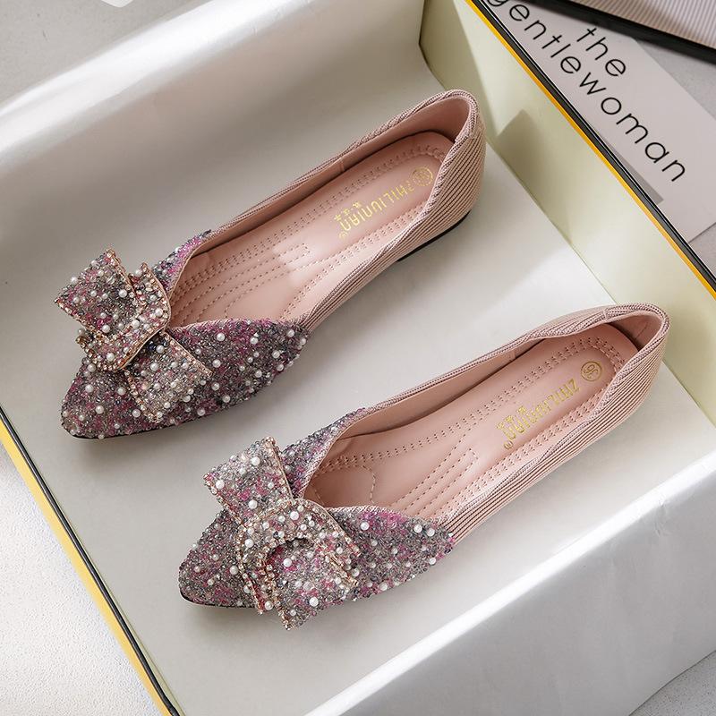 Pointed Single Shoes Women's New Shallow Mouth Rhinestone Flat Bottom Ladyshoes Soft Sole Large Size Women's Shoes One