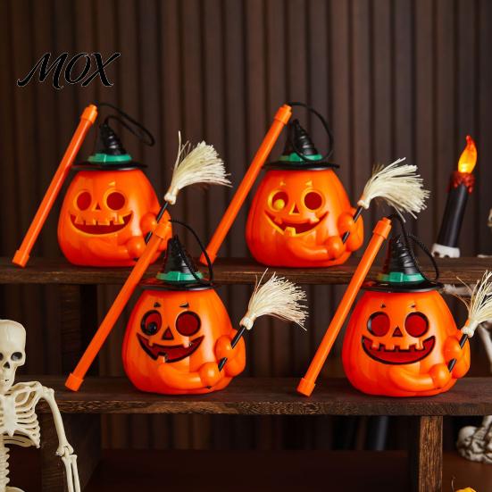 Funny Witch Hat Pumpkin Glowing Halloween Lantern, Jack O Lantern with Broom, Light Trick or Treat Lamp Up Decor, Prop for Kids Party Decor