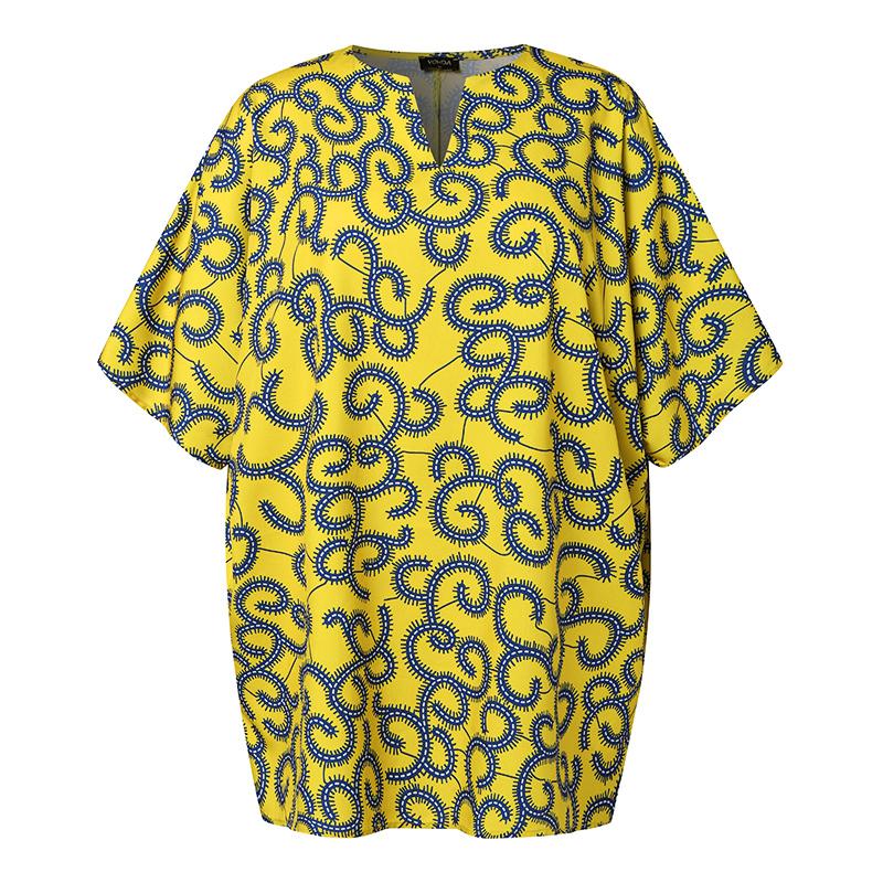 Women Large Size Round Neck Short Sleeve Printed Loose Blouse