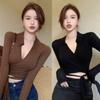 Women Tops Waist Cross Bandage Shirt Fitness V-neck T-shirts