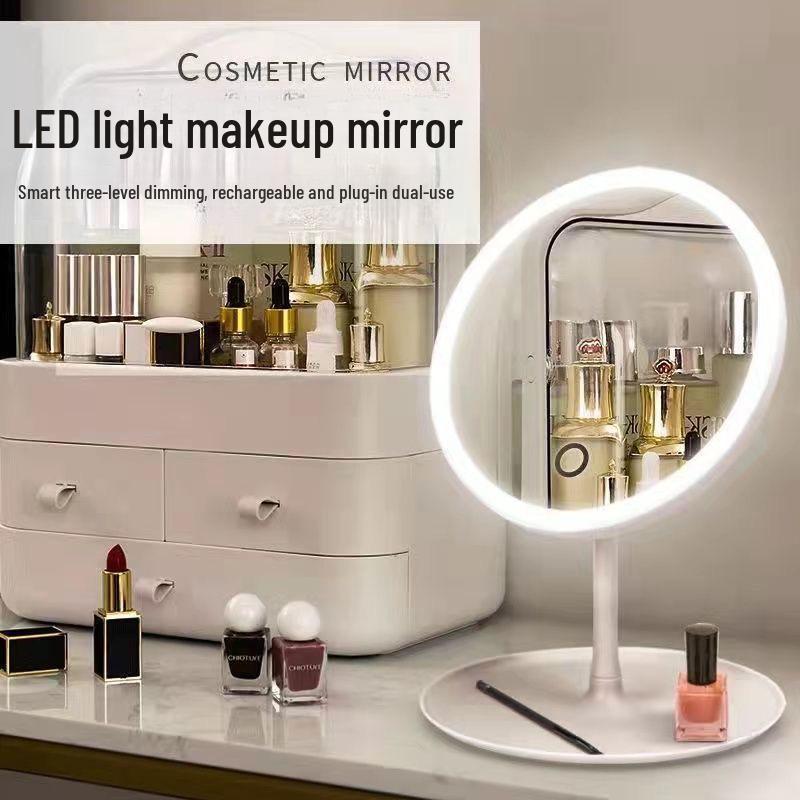 Rechargeable LED Makeup Mirror: Stylish Desktop Vanity Mirror with Three-Color Lighting