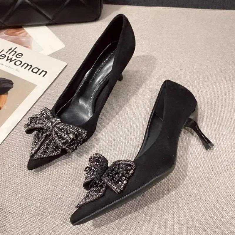 Элегантные женские туфли на каблуке 2025 Слипоны Женские туфли на высоком каблуке Классические туфли-лодочки Женские туфли с острым носком, ремешком, бантом, на тонком каблуке