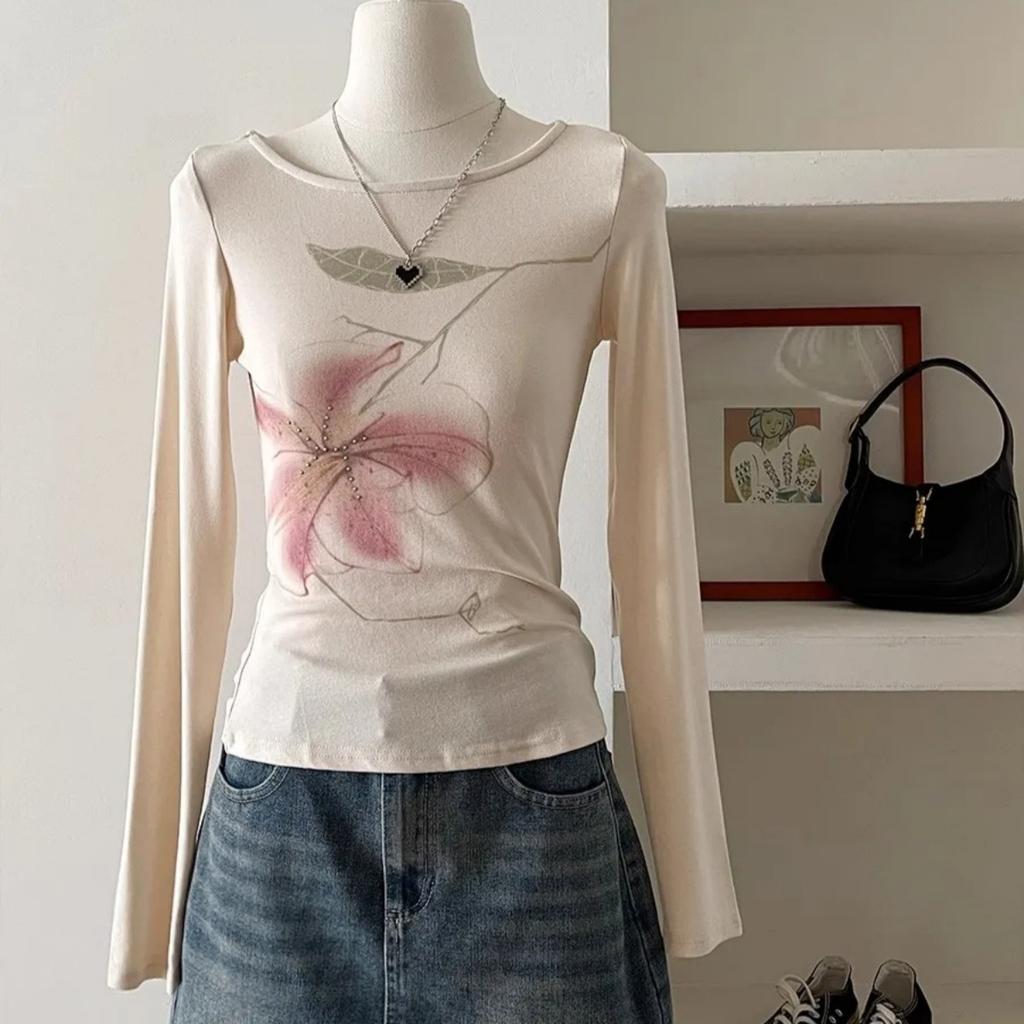 Женская футболка Y2K Fairycore с длинным рукавом и цветочным графическим принтом