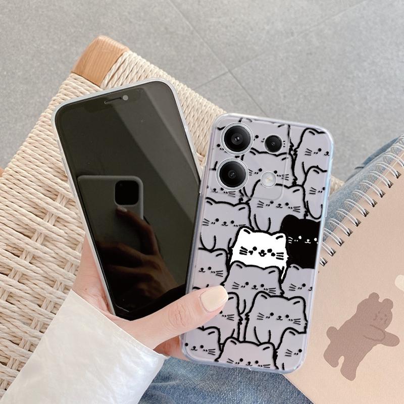 Милый черный кот мягкий прозрачный силиконовый чехол для Xiaomi Redmi Note 13 14T 15 Samsung A55 A35 S24 iPhone 15 Huawei Honor Camera защитный противоударный чехол