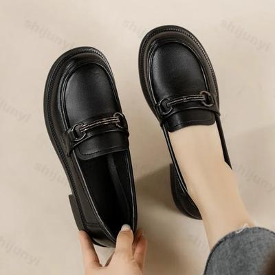 Женские лоферы 2025 Весна Осень Ретро Мода Коричневые Противоскользящие Туфли с Круглым Носком Британские Банкетные Подходят к Платью Юбке Высокие Каблуки