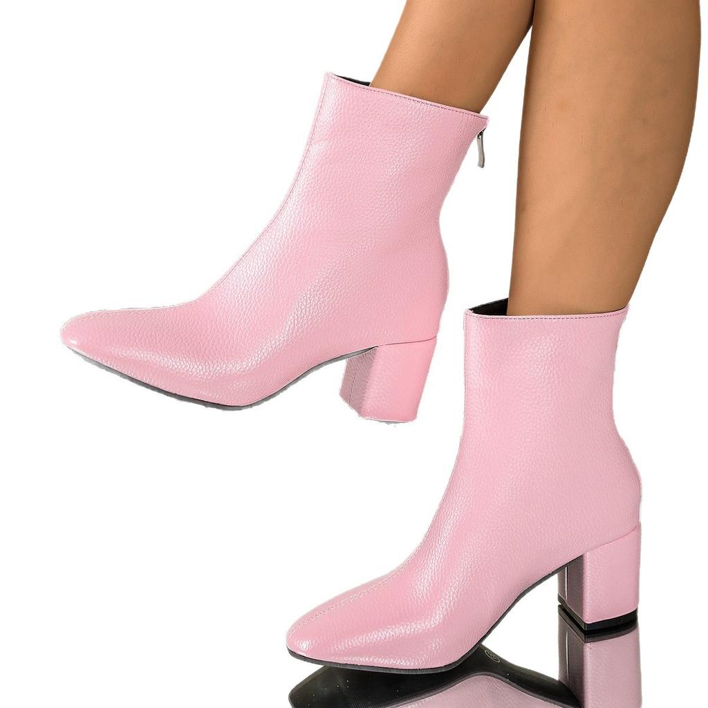 Женские повседневные ботильоны из искусственной кожи, нескользящие, с острым носком, на массивном блочном каблуке, короткие ботинки для женщин, удобные ботильоны на низком каблуке для платья с молнией