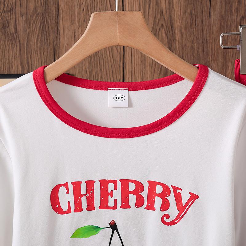 Наряд для девочек Детская одежда Осень Новая мода Принт вишни и букв Повседневная рубашка с длинным рукавом + Брюки карго