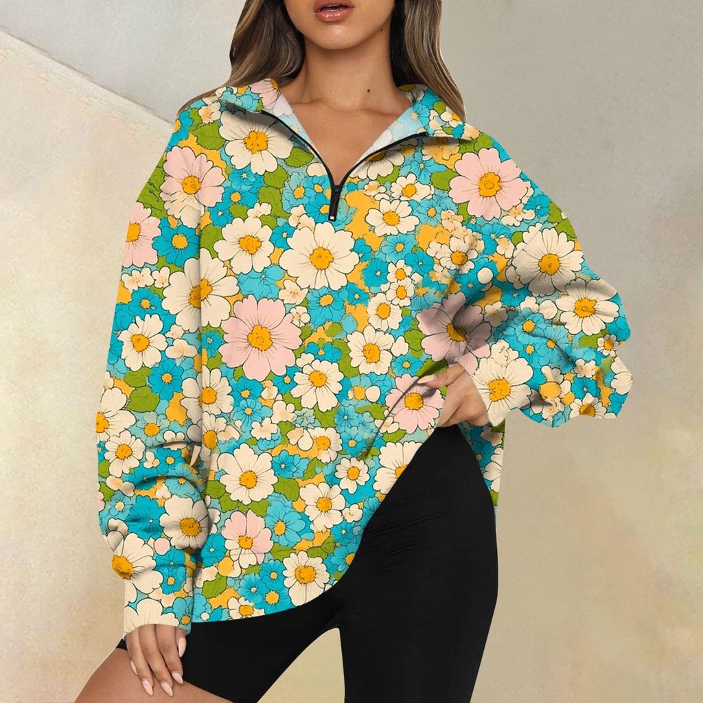 Женская мода повседневная толстовка с длинным рукавом и принтом на молнии с высоким воротом и заниженными плечами