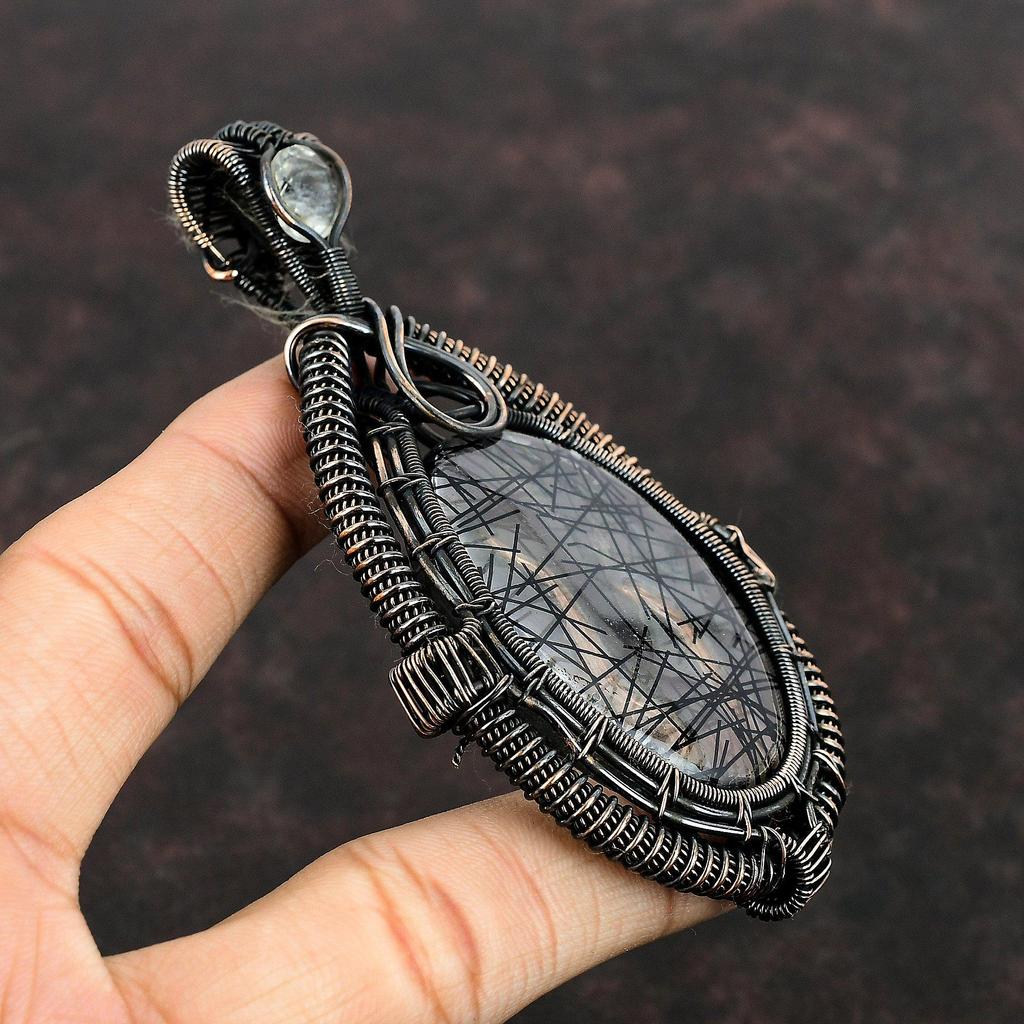 Black Rutile Pendant Copper Wire Wrapped Gemstone Pendant Black Rutile Jewelry White Topaz Pendant Handmade Pendant Copper Jewelry For Gift