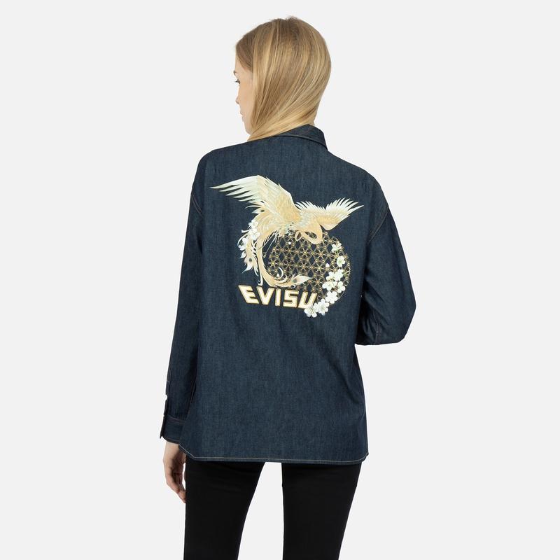 Evisu SS23 Брендовый логотип Цветочный однобортный длинный рукав Рубашка Женские рубашки Джинсово-синий 2ESHTW3SL191BFDN