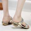 Shining Sequin Slippers Women Summer Luxury Golden Square Heel Party Shoes Slides Woman Open Toe Med Heels Beach Shoes
