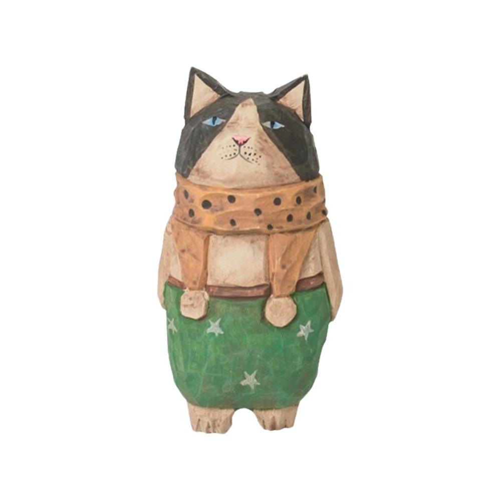 Handmade Wood Carving Cat Ornament Cartoon Cat Figurines Painted Cat Sculpture  Home Decoration