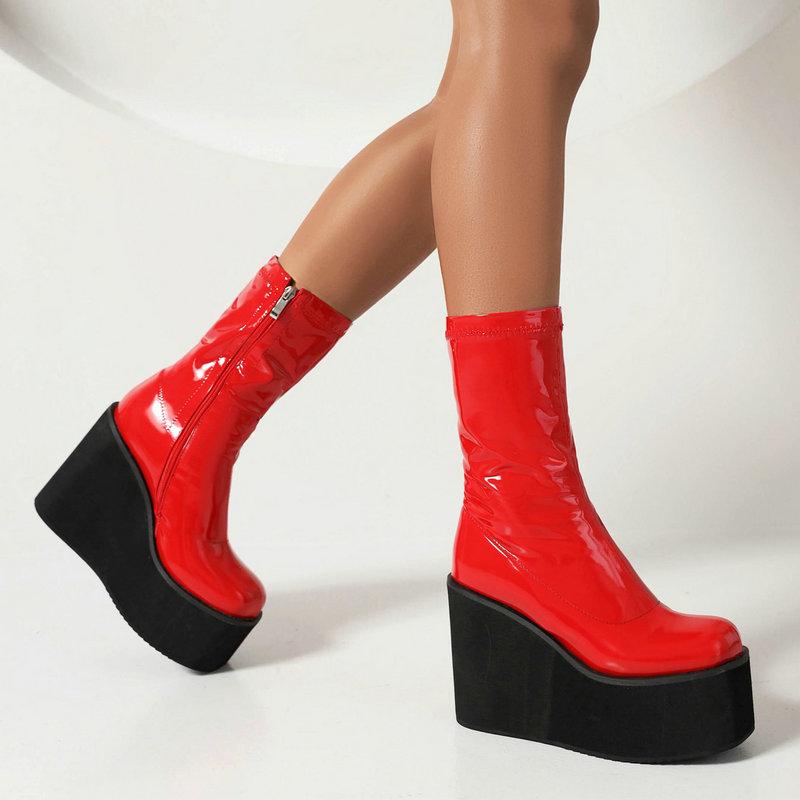 Легкая подошва из пеноматериала, платформа, танкетка, туфли на высоком каблуке для девочек, блестящая лакированная искусственная кожа, красные, белые эластичные ботильоны, готические женские черные сапоги