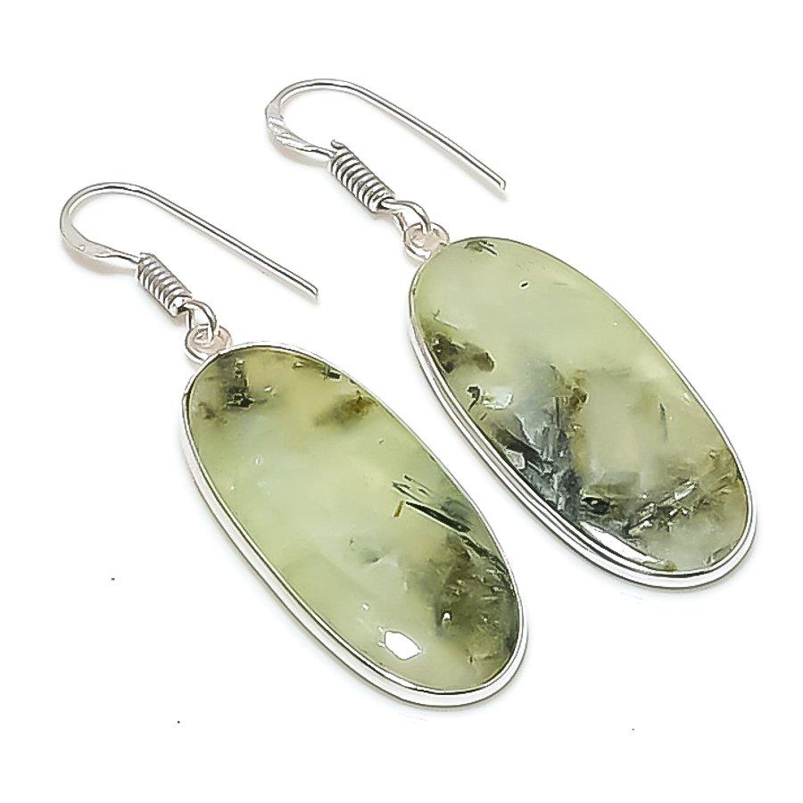 Натуральный Камень Пренит Ручная Работа Серьга из Стерлингового Серебра 925 пробы 2,05" AE-11383