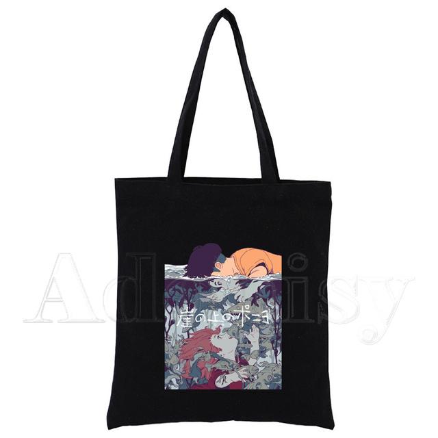 Холщовая черная сумка для покупок Ponyo, многоразовая тканевая сумка через плечо, подарочная сумка