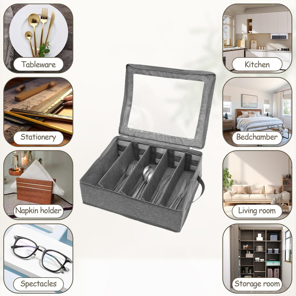 Portable Flatware Storage Bag Foldable Flatware Organizer with 5 Compartment Cutlery Storage Holder for Home Kitchen Utensils
