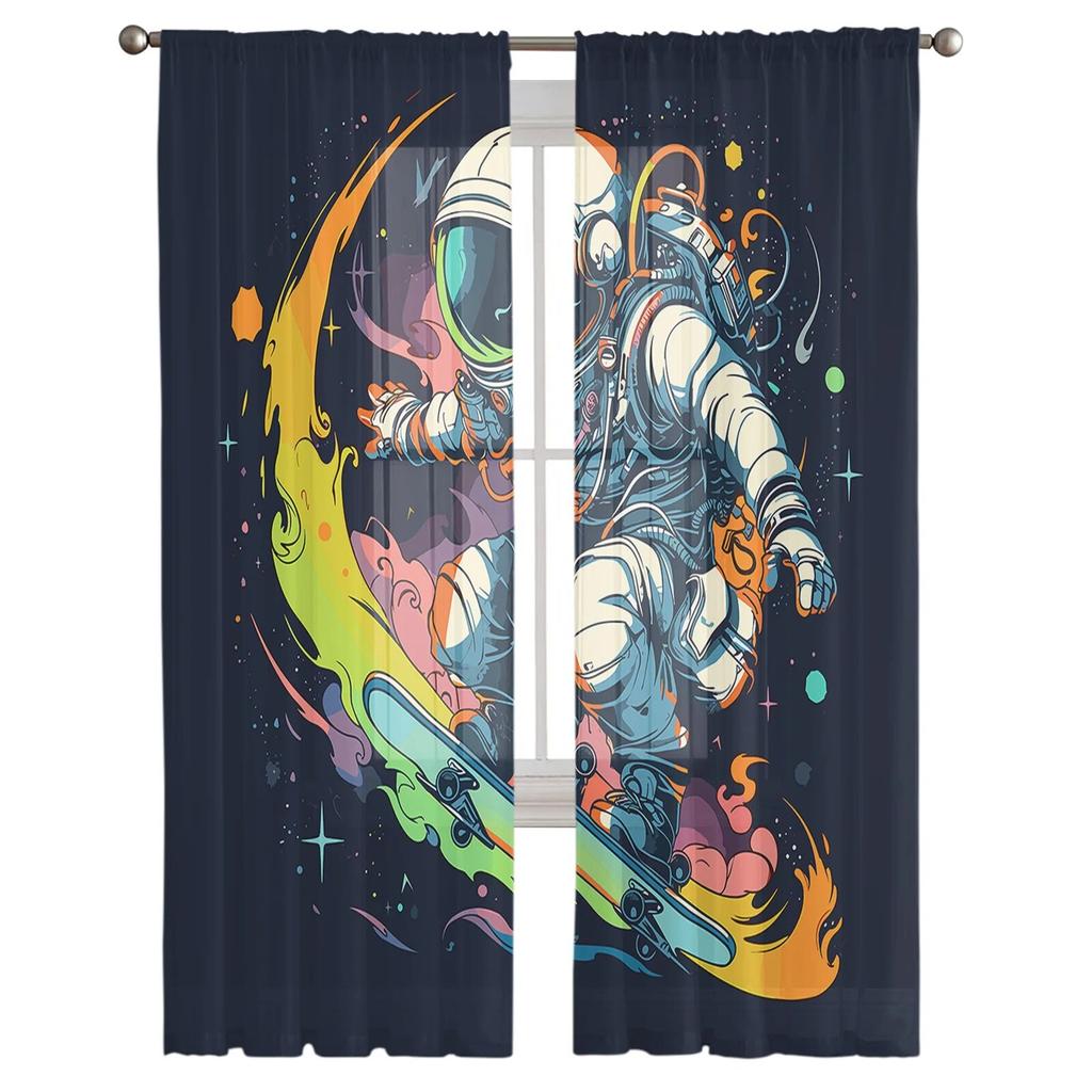 Sporty Astronaut Skateboard Sheer Curtains For Living Room Kitchen Window Curtains Bedroom Tulle Voile Curtains