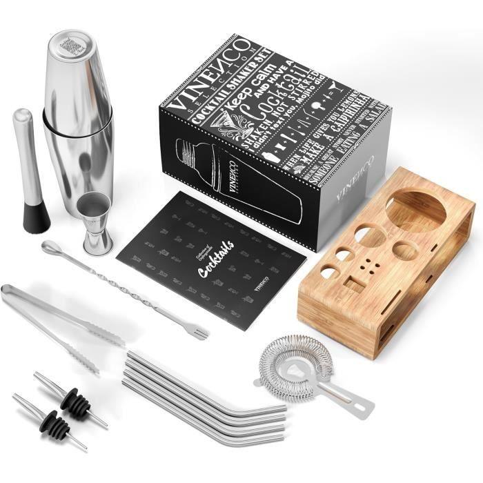 Kit cocktail - vinenco - shaker boston 750 ml - 10 pièces - inox brossé - coffret cadeau élégant