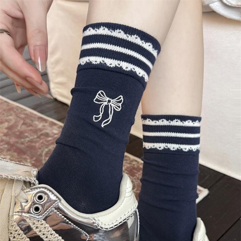 Bow Embroidered Socks Striped Lace Sweet Mid-Leg Socks Worn Outside Lace Pile Socks