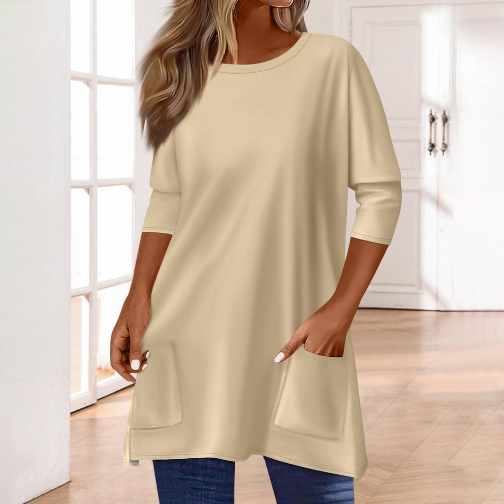 3/4 Sleeve Pocket Tops For Women T-Shirt Casual Print Mid-length Tops T Shirt Round Neck Pullover Blouse