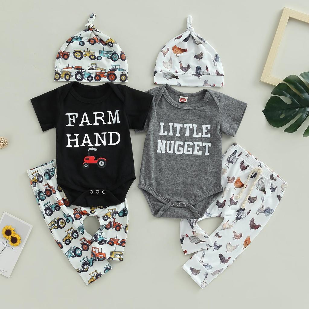 Baby Baby Boys Causal Clothes Sets 3M 6M 12M 18M 3pcs Short Sleeve Letter Print Romper + Tractor/Chicken Pants + Knot Hat Set