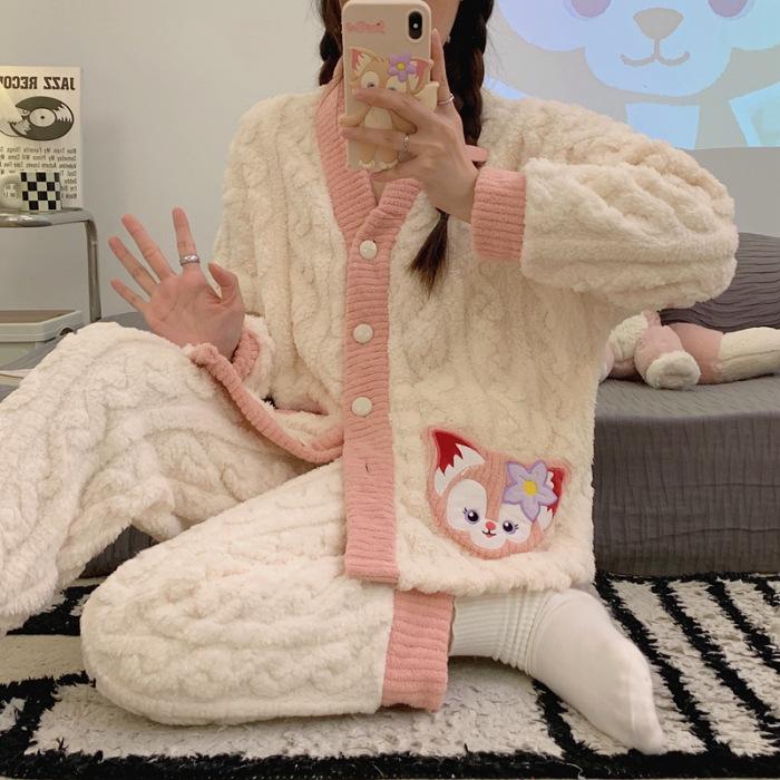 Женская осенне-зимняя жаккардовая пижама из кораллового флиса, милый кардиган с V-образным вырезом, толстая и уютная домашняя одежда