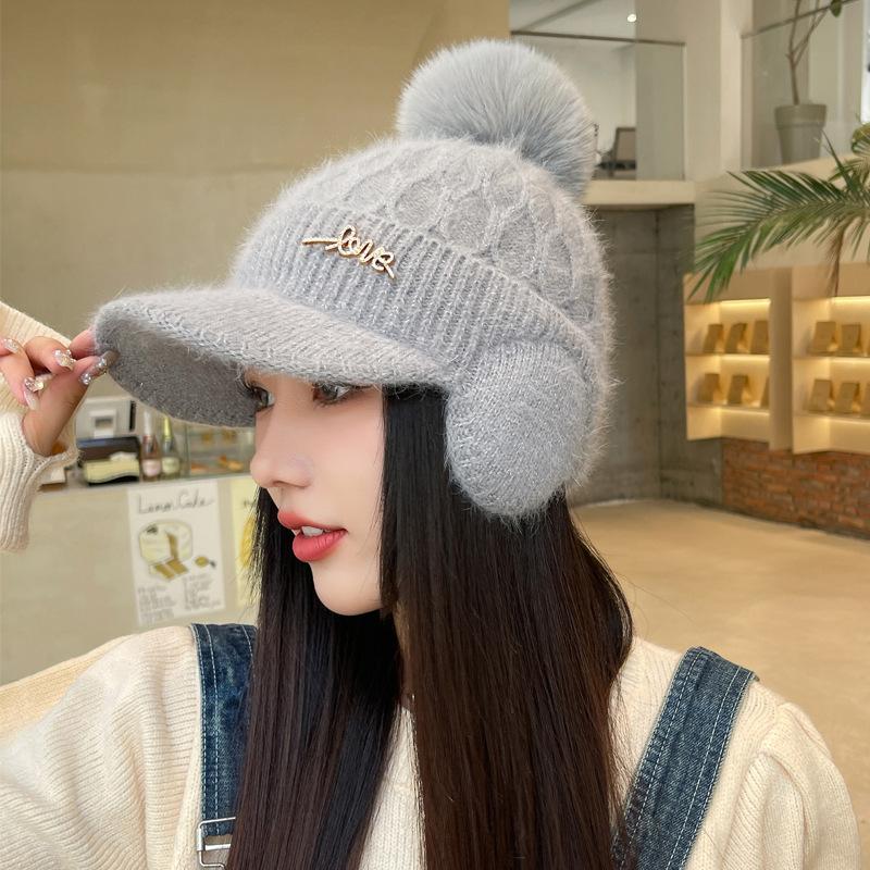 Warm Winter Beanie with Visor and Ear Flaps - Solid Color, Fleece Lined, Pom Pom Detail - Perfect for Outdoor Activities and Cold Weather