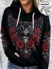 Women Hoodie Black Gothic Wolf Head Red Rose Goblet Feather Print Long Sleeve Drawstring Pocket Hooded Sweatshirt