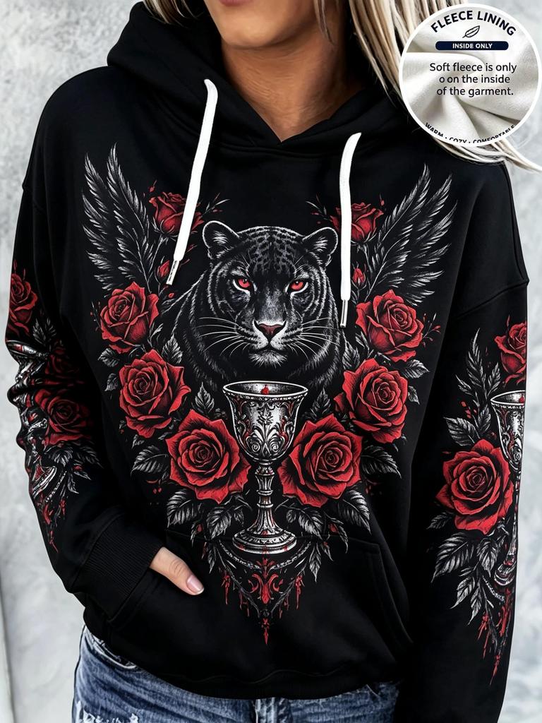 Women Hoodie Black Gothic Wolf Head Red Rose Goblet Feather Print Long Sleeve Drawstring Pocket Hooded Sweatshirt