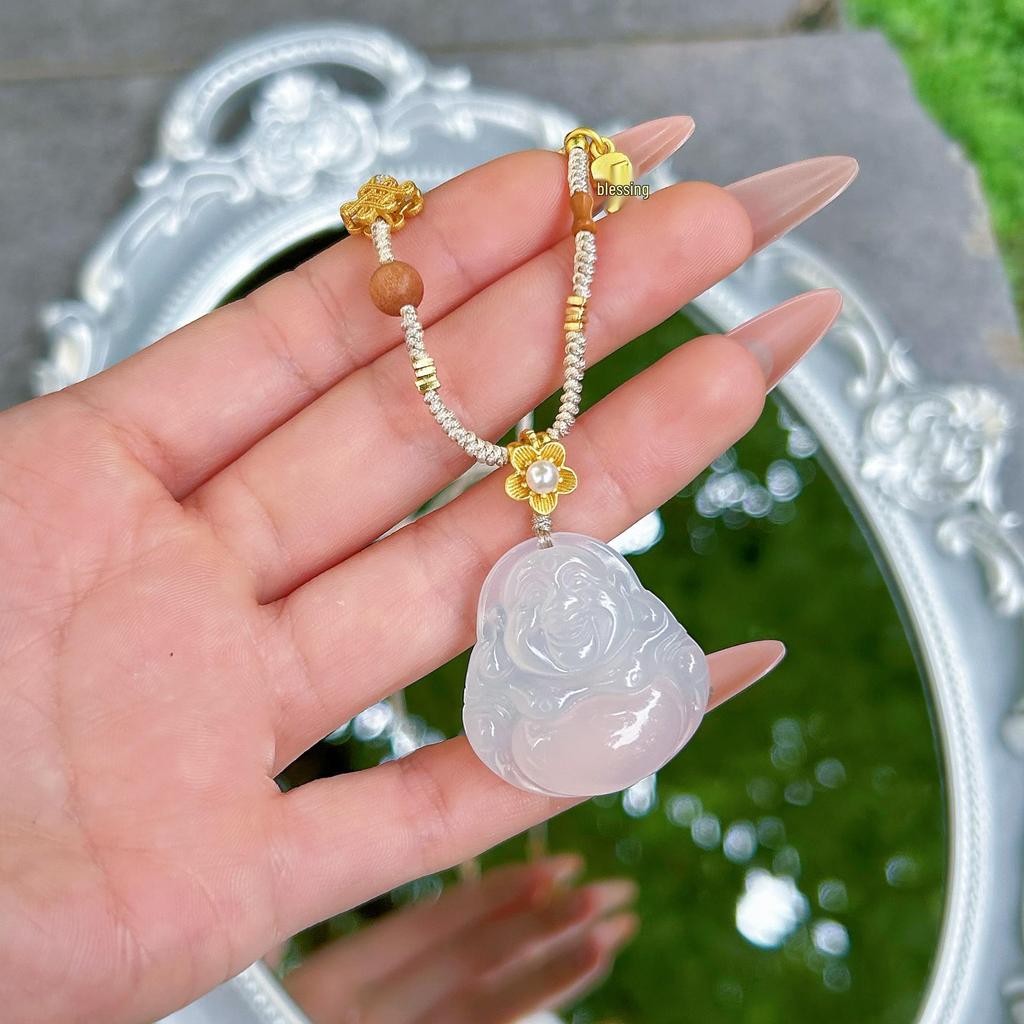 Натуральный Халцедон Будда Подвеска Ожерелье - Ручная работа, Плетеное, Легкая Роскошь Ключичная Цепочка