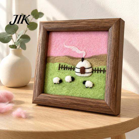 Poke Art Kit with Wooden Frame Steppe Scenery Frame, DIY Grassland Landscape Handmade Wool Painting Set Punch Needle Craft Set, Framed Picture