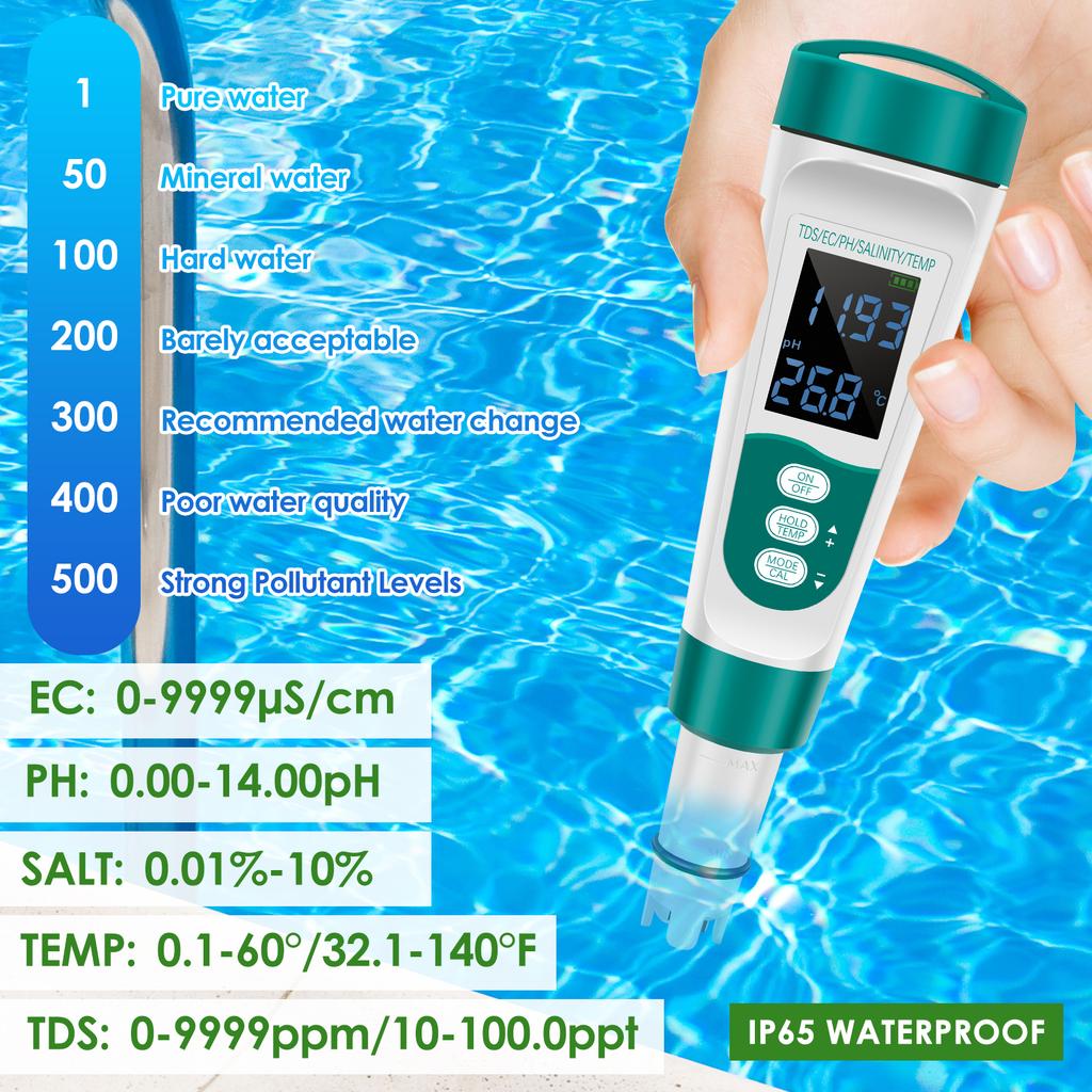 5 In 1 Water Tester Precise Digital Water Tester PH/TDS/EC/Salt/Temperature Meter Multi-role Water Quality Tester for Hydroponic