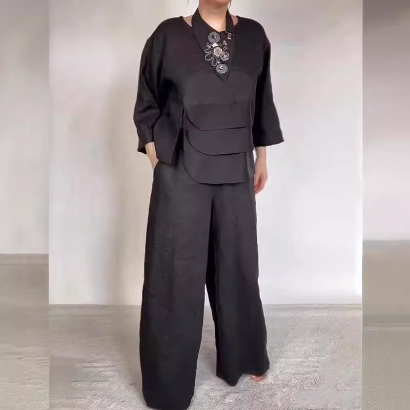Round Neck Satin Layered Design Top and Wide Leg Pants Set