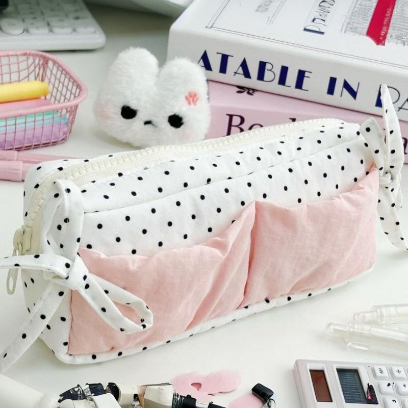 Polka Dot Pencil Case Large Capacity Bow Decor Zipper Closure Stationery Pouch for Students School Exam Office Storage