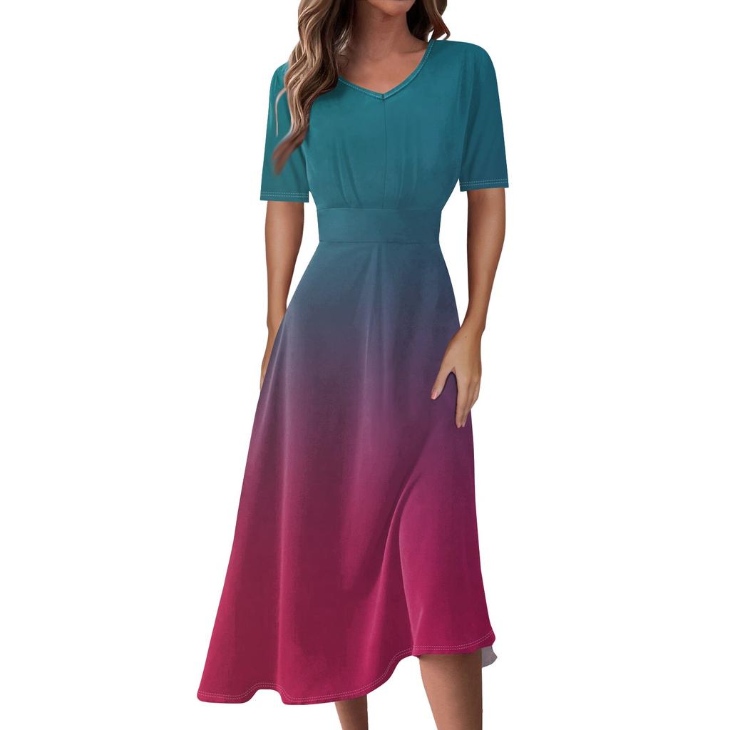 Ladies Casual Fashion Gradient Print V-Neck Short Sleeve Waist Long Swing Dress