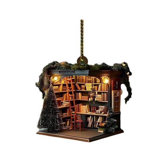1Pc/2Pcs Christmas Bookstore Ornament Acrylic 2D Flat Book Store Ornament Xmas Tree Hanging Decoration for Book Lovers