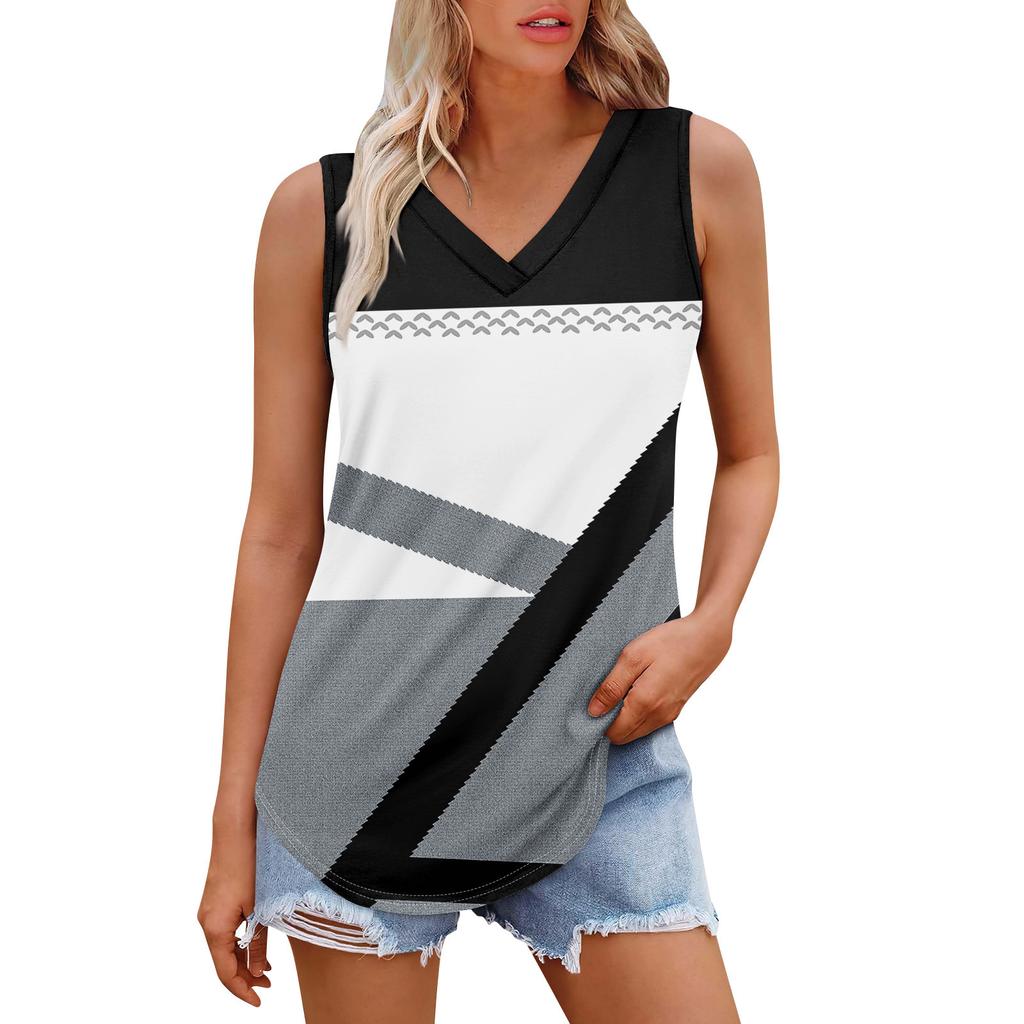 Женская майка с V-образным вырезом и принтом, повседневная майка, свободный крой, топы без рукавов, струящиеся